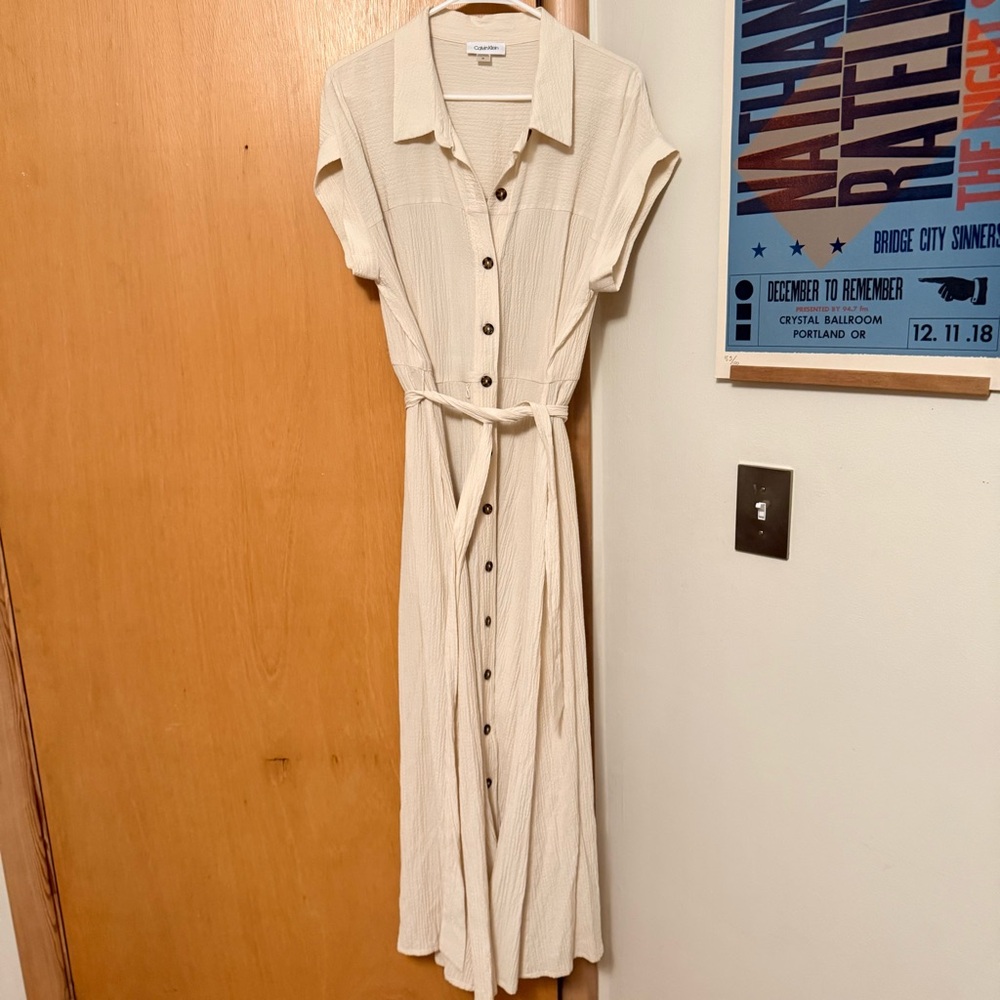 CALVIN KLEIN Gauze Button-front Belted Midi Shirt dress, sz 14
